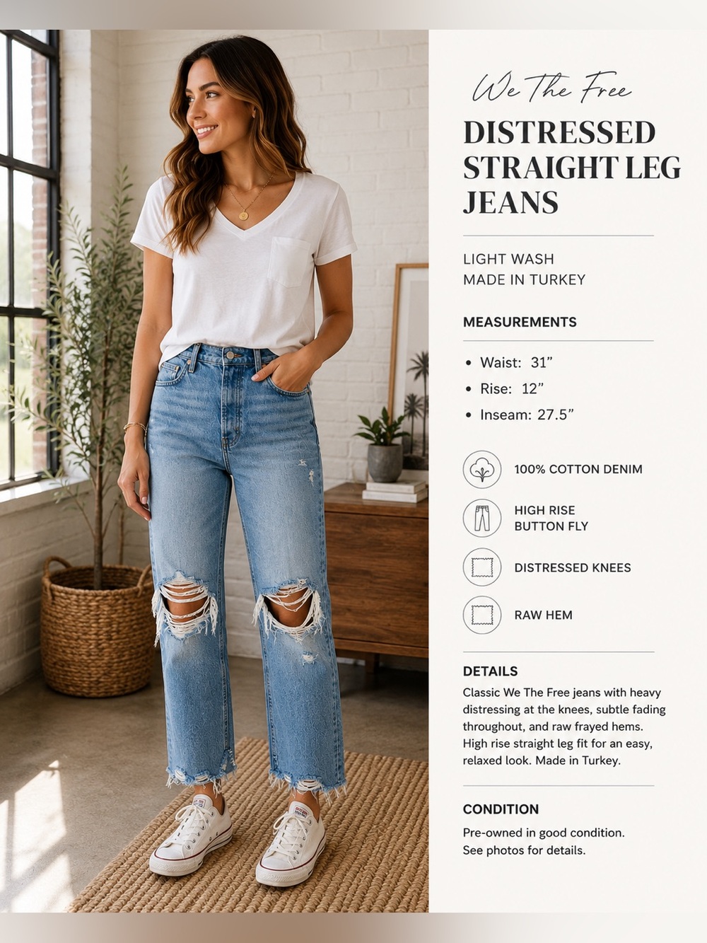 We The Free Distressed Straight Leg Cropped Jeans Women’s 30 Light Wash Raw Hem